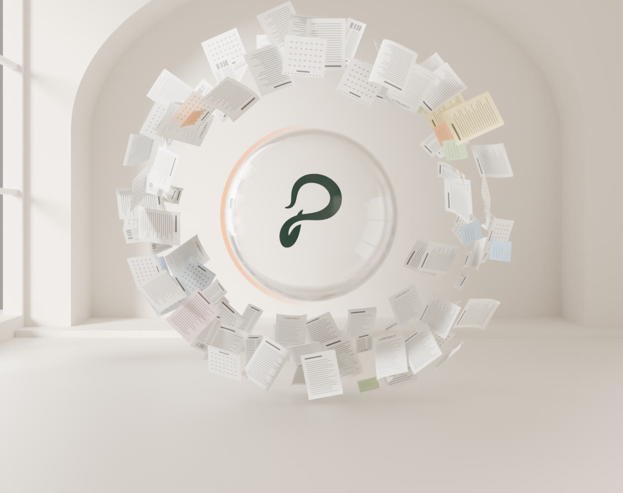 A glass bubble holding the Panduction P, in a calm white room, with the production's papers resting in a ring around it.
