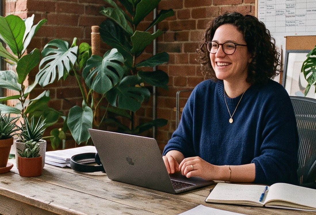 A producer smiles at her laptop at a wooden desk, plants and a brick wall behind her.